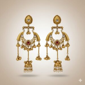 Gold Plated Chandbali Jhumka Earrings with Red Stone and Pearls