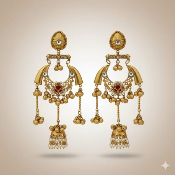 Gold Plated Chandbali Jhumka Earrings with Red Stone and Pearls