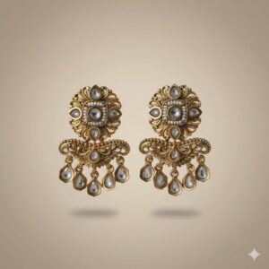 Antique Gold Plated Floral Earrings with White Stones