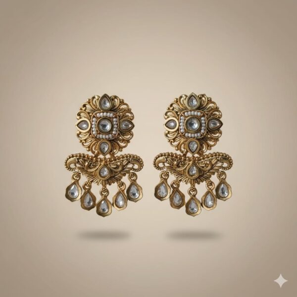 Antique Gold Plated Floral Earrings with White Stones Antique Gold Plated Floral Earrings with White Stones