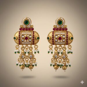 Geometric Gold Plated Earrings with Red and Green Stones