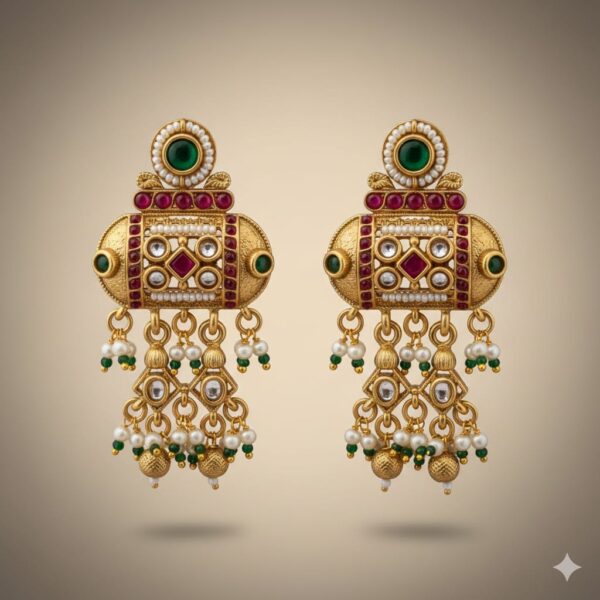 Geometric Gold Plated Earrings with Red and Green Stones