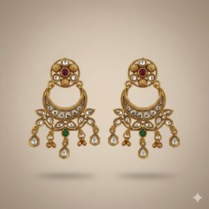 Chandbali Earrings in Gold Polish with Kundan and Green Drop