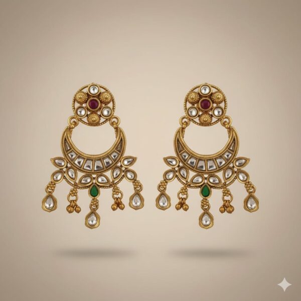 Chandbali Earrings in Gold Polish with Kundan and Green Drop