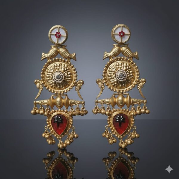 Aura traditional Gold Plated Temple Earrings with Carved Crimson Drop