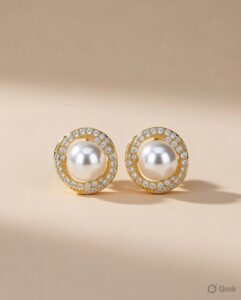 Gold Infinity Twist Pearl Stud Earrings with Crystal Halo