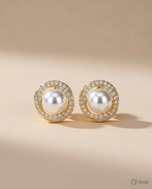Gold Infinity Twist Pearl Stud Earrings with Crystal Halo