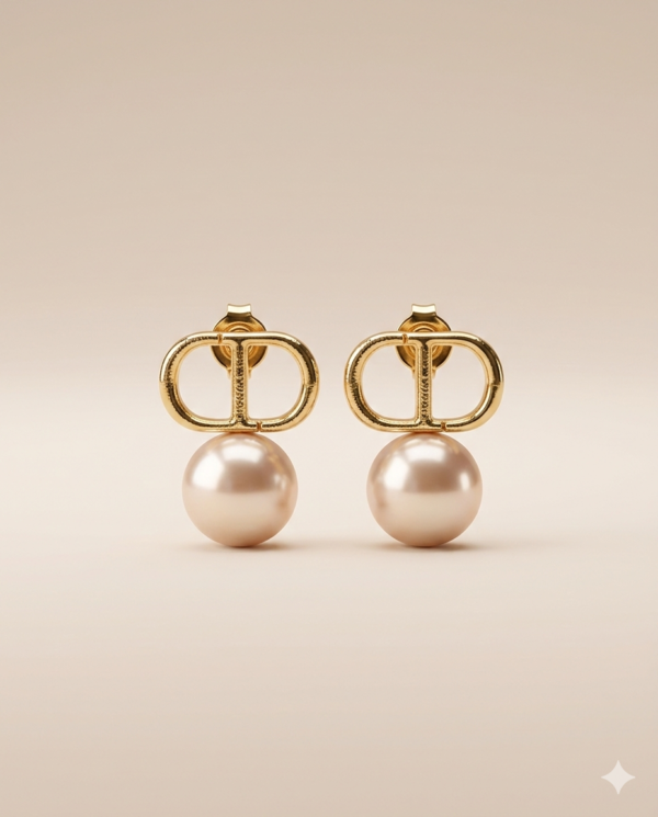 Gold-Tone CD Logo Studs with Large Pearl Drops