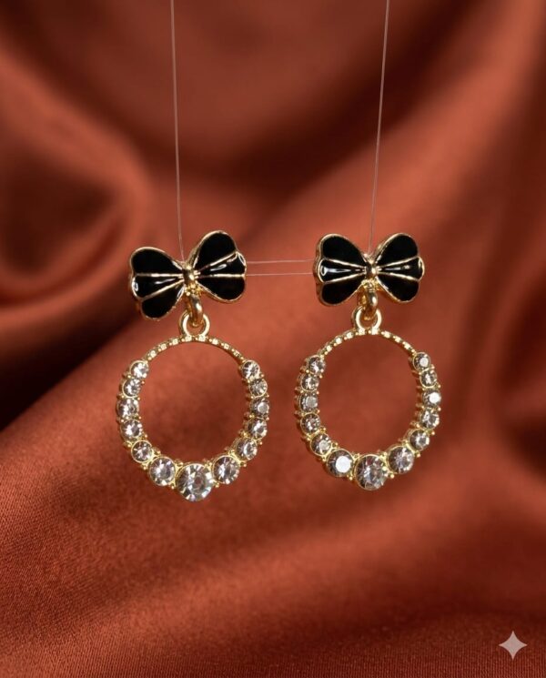 Black Enamel Bow And Crystal Hoop Drop Stud Earrings