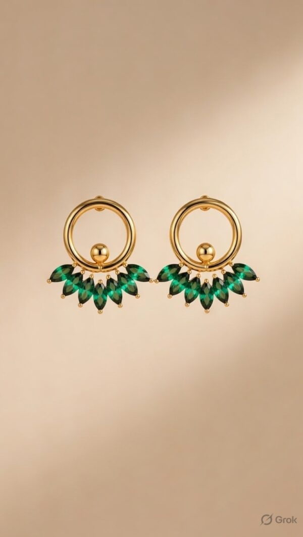 Gold Hoop Earrings with Emerald Green Marquise Fan Drop