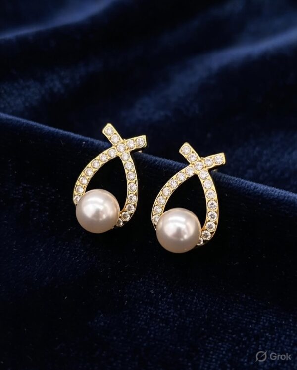 Gold Wishbone Pearl Drop Earrings with CZ Pave